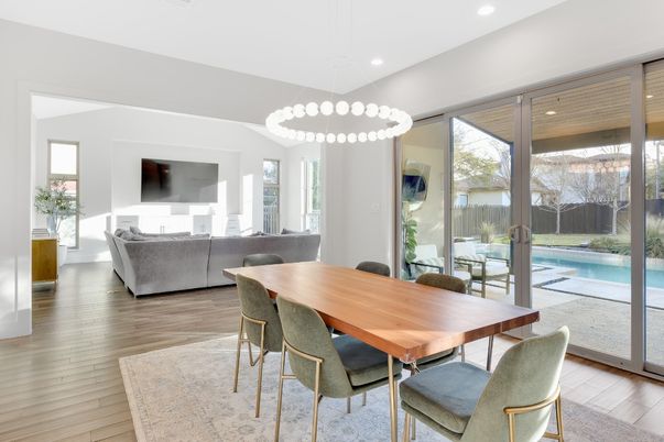 Dining room, Interior, Living room, Pendant Lights, Recessed Lighting, Wood Texture Flooring