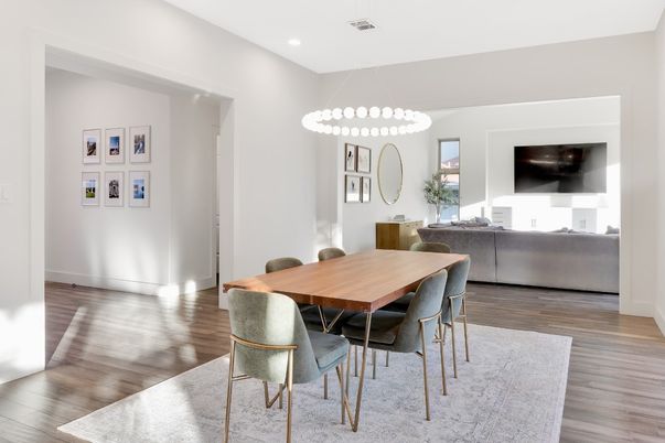 Dining room, Interior, Living room, Pendant Lights, Recessed Lighting, Wood Texture Flooring