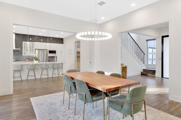 Dining room, Interior, Kitchen, Pendant Lights, Recessed Lighting, Stainless Steel Appliances, Wood Texture Flooring
