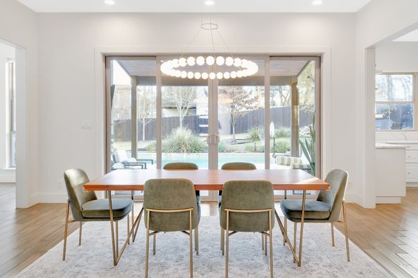 Dining room, Interior, Pendant Lights, Recessed Lighting, Wood Texture Flooring