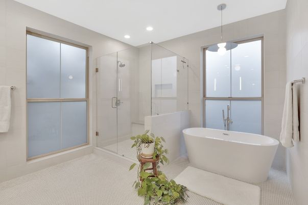 Bathroom, Free Standing Baths, Glass Shower, Interior, Recessed Lighting
