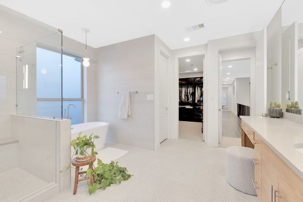 Bathroom, Free Standing Baths, Glass Shower, Interior, Recessed Lighting, Walk-in Closets