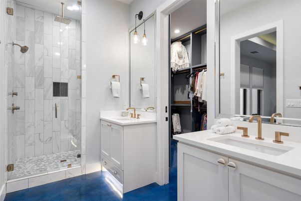 Bathroom, Dual Sink Vanities, Glass Shower, Interior, Marble Walls, Recessed Lighting
