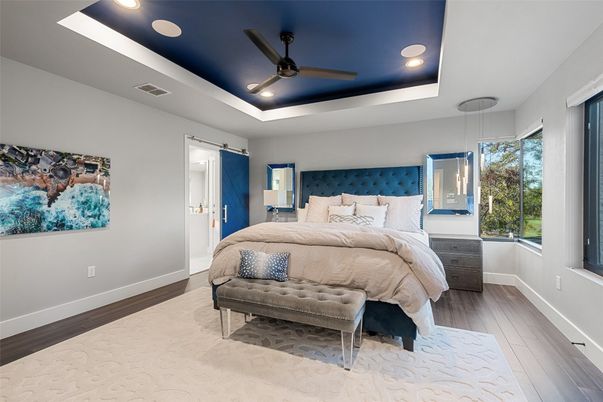 Bedroom, Interior, Pendant Lights, Recessed Lighting, Wood Texture Flooring