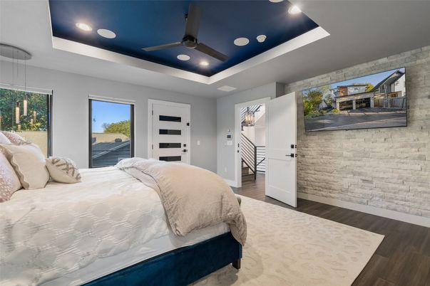Bedroom, Interior, Recessed Lighting, Wood Texture Flooring