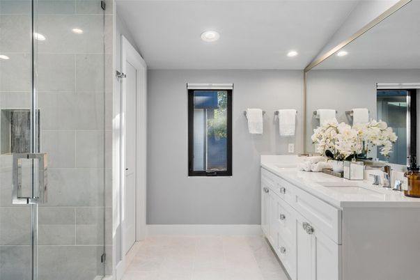Bathroom, Dual Sink Vanities, Glass Shower, Interior, Recessed Lighting