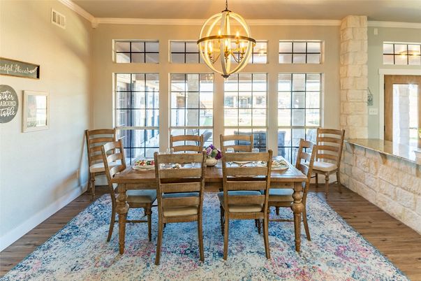 Chandelier, Dining room, Interior, Wood Texture Flooring