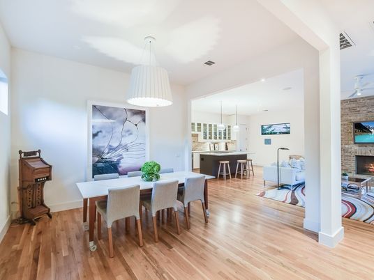 Dining room, Fireplace, Interior, Kitchen, Pendant Lights, Recessed Lighting, Stone Walls, Wood Texture Flooring