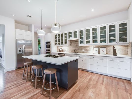 Interior, Kitchen, Pendant Lights, Recessed Lighting, Stainless Steel Appliances, Wood Texture Flooring