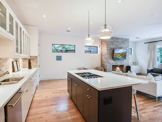 Fireplace, Interior, Kitchen, Living room, Pendant Lights, Recessed Lighting, Stone Walls, Wood Texture Flooring