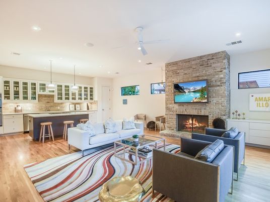 Fireplace, Interior, Kitchen, Living room, Pendant Lights, Recessed Lighting, Stone Walls, Wood Texture Flooring