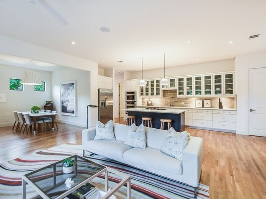 Dining room, Interior, Kitchen, Living room, Pendant Lights, Recessed Lighting, Stainless Steel Appliances, Wood Texture Flooring