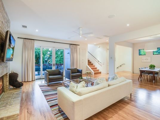 Dining room, Fireplace, Interior, Living room, Pendant Lights, Recessed Lighting, Wood Texture Flooring