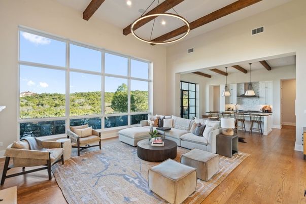 Interior, Kitchen, Living room, Pendant Lights, Recessed Lighting, Wooden Beams, Wood Texture Flooring
