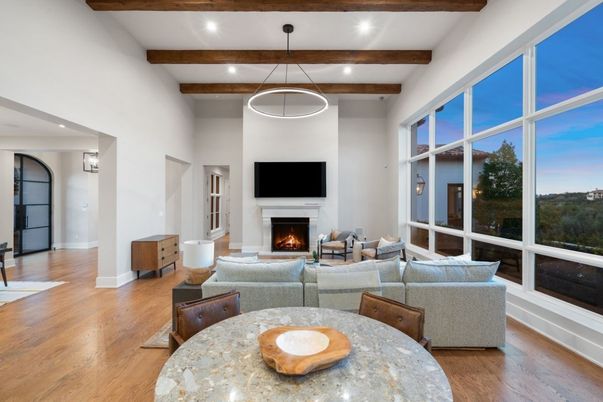 Dining room, Fireplace, Interior, Living room, Pendant Lights, Recessed Lighting, Wooden Beams, Wood Texture Flooring