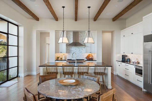 Dining room, Interior, Kitchen, Pendant Lights, Recessed Lighting, Stainless Steel Appliances, Wooden Beams, Wood Texture Flooring