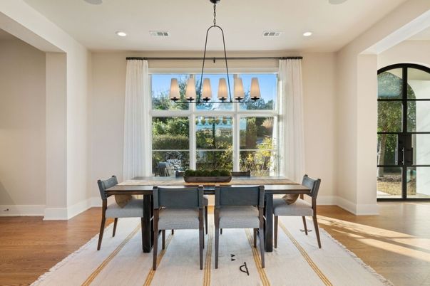 Dining room, Interior, Pendant Lights, Recessed Lighting, Wood Texture Flooring