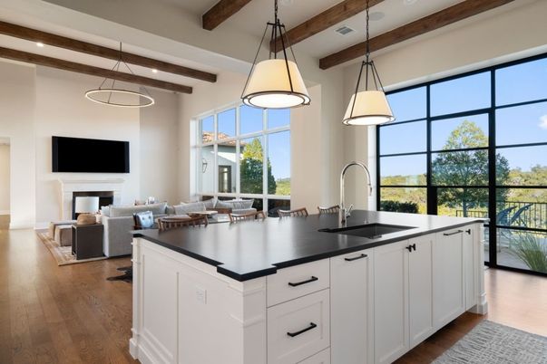 Fireplace, Interior, Kitchen, Living room, Pendant Lights, Recessed Lighting, Wooden Beams, Wood Texture Flooring