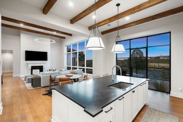 Dining room, Fireplace, Interior, Kitchen, Living room, Pendant Lights, Recessed Lighting, Wooden Beams, Wood Texture Flooring