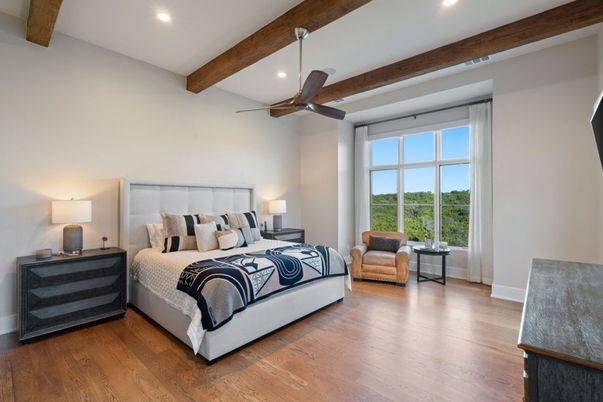 Bedroom, Interior, Recessed Lighting, Wooden Beams, Wood Texture Flooring