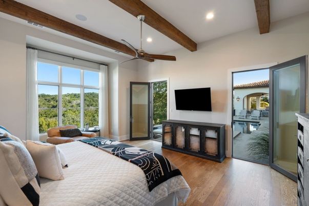 Bedroom, Interior, Recessed Lighting, Wooden Beams, Wood Texture Flooring