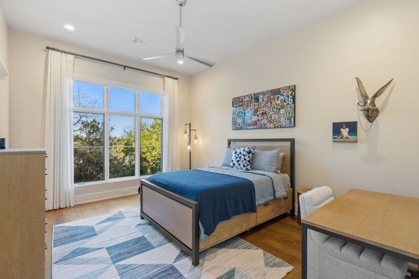 Bedroom, Interior, Recessed Lighting, Wood Texture Flooring