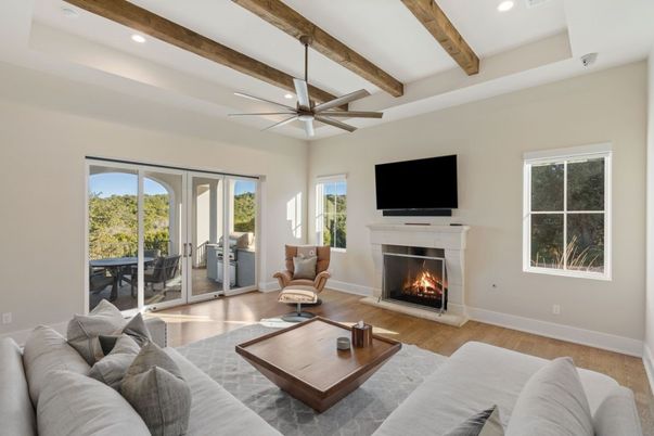 Fireplace, Interior, Living room, Recessed Lighting, Wooden Beams, Wood Texture Flooring
