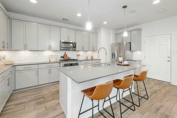Interior, Kitchen, Pendant Lights, Recessed Lighting, Stainless Steel Appliances, Wood Texture Flooring