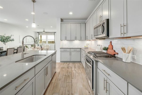 Interior, Kitchen, Pendant Lights, Recessed Lighting, Wood Texture Flooring