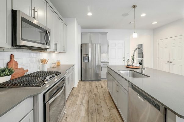 Interior, Kitchen, Pendant Lights, Recessed Lighting, Stainless Steel Appliances, Wood Texture Flooring