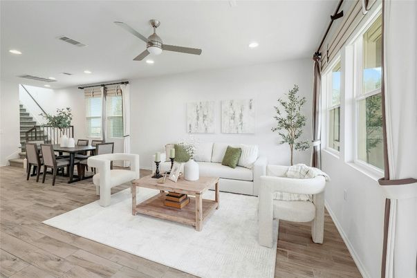 Dining room, Interior, Living room, Recessed Lighting, Wood Texture Flooring