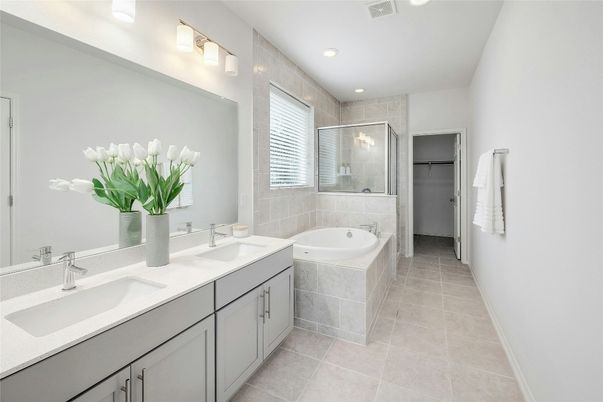 Bathroom, Dual Sink Vanities, Glass Shower, Interior, Recessed Lighting