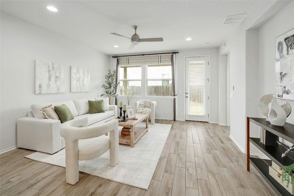 Interior, Living room, Recessed Lighting, Wood Texture Flooring