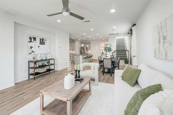 Dining room, Interior, Kitchen, Living room, Pendant Lights, Recessed Lighting, Wood Texture Flooring