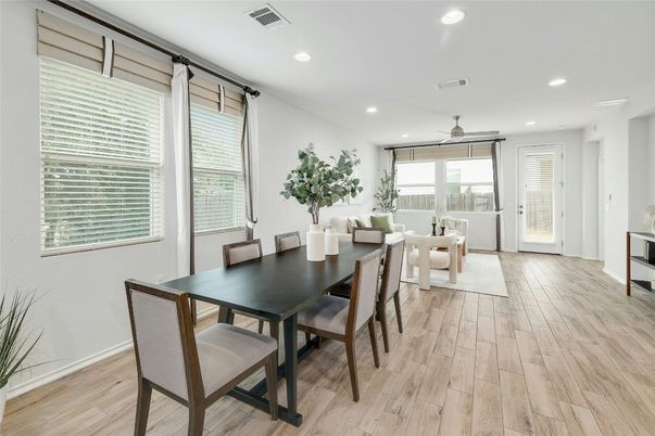 Dining room, Interior, Recessed Lighting, Wood Texture Flooring