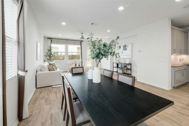 Dining room, Interior, Living room, Recessed Lighting, Wood Texture Flooring