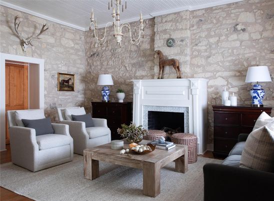 Chandelier, Fireplace, Interior, Living room, Stone Walls, Wood Texture Flooring