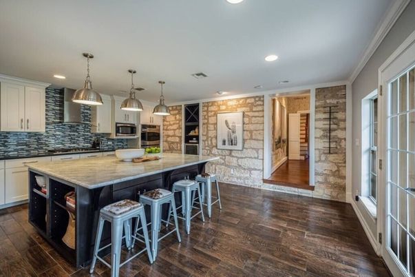Interior, Kitchen, Pendant Lights, Recessed Lighting, Stainless Steel Appliances, Stone Walls, Wood Texture Flooring