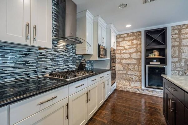 Interior, Kitchen, Recessed Lighting, Stone Walls, Wood Texture Flooring