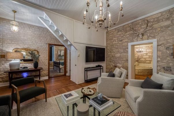 Chandelier, Interior, Living room, Stone Walls, Wood Texture Flooring