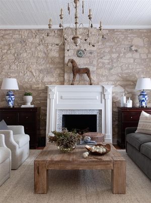 Chandelier, Fireplace, Interior, Stone Walls