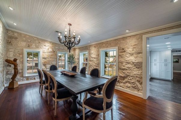 Chandelier, Dining room, Interior, Recessed Lighting, Stone Walls, Wood Texture Flooring