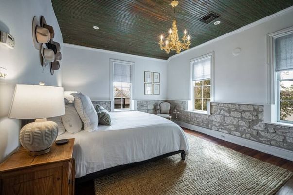 Bedroom, Chandelier, Interior, Recessed Lighting, Wood Texture Flooring