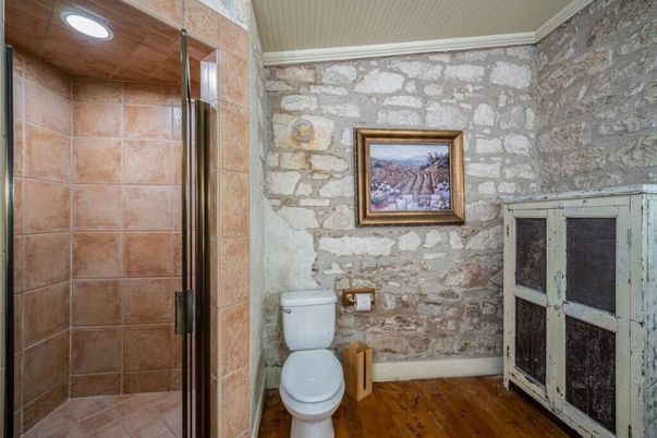 Bathroom, Interior, Recessed Lighting, Stone Walls, Wood Texture Flooring