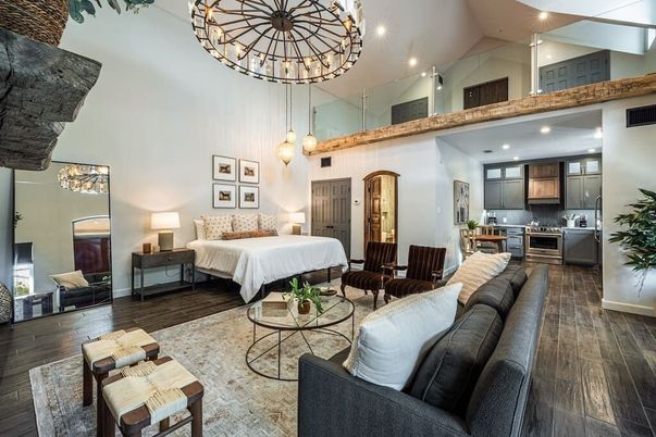 Bedroom, Chandelier, Interior, Kitchen, Living room, Pendant Lights, Recessed Lighting, Stainless Steel Appliances, Wood Texture Flooring