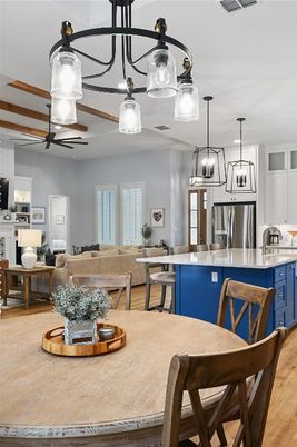 Dining room, Interior, Kitchen, Living room, Pendant Lights, Stainless Steel Appliances, Wood Texture Flooring