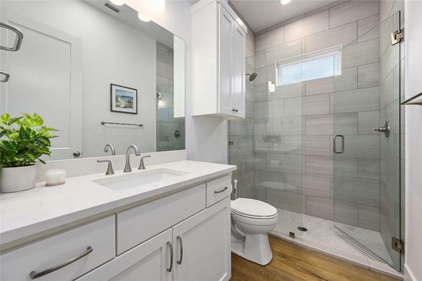 Bathroom, Glass Shower, Interior, Recessed Lighting, Wood Texture Flooring