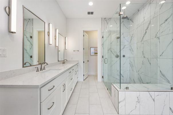 Bathroom, Dual Sink Vanities, Glass Shower, Interior, Marble Walls, Recessed Lighting