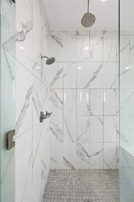 Bathroom, Glass Shower, Interior, Marble Walls, Recessed Lighting