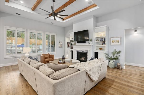 Fireplace, Interior, Living room, Recessed Lighting, Wooden Beams, Wood Texture Flooring